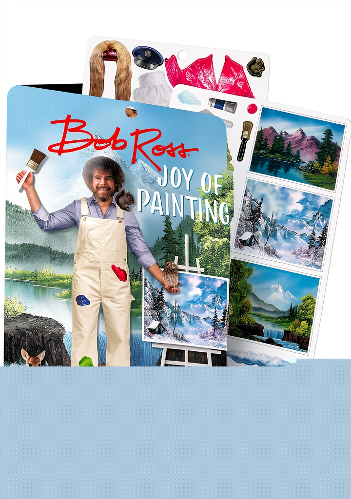 Child arranging magnetic Bob Ross pieces on a refrigerator