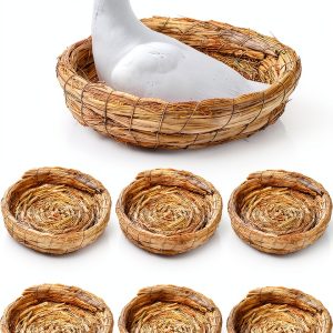 6 Packs Woven Straw Bird Nests, 8" Handmade Flat Base Spawning Nest, Small Animal Breeding Bed Hatch House Cage Accessories for Dove Pigeon Parrot Cuckoo Sparrow Rabbits Chinchillas Hamster-0