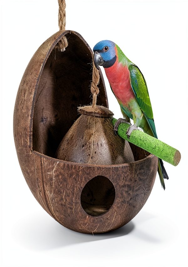Natural Coconut Shell Nest kathson G-shaped Habitat with Spoon & Toys-6