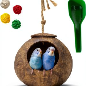 Natural Coconut Shell Nest kathson G-shaped Habitat with Spoon & Toys-0