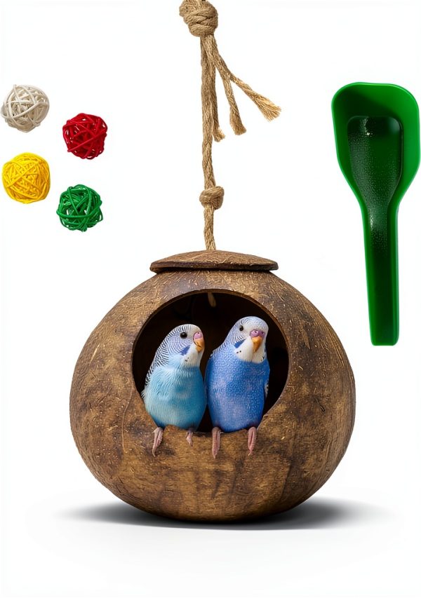Natural Coconut Shell Nest kathson G-shaped Habitat with Spoon & Toys-0