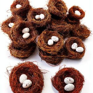 GXXMEI 24PCS/Set Small Faux Bird Nest with Eggs for Crafts, Artificial Rattan Birds Nest for Easter Wedding Home Party Christmas Tree Decoration (8pcs Mixed Small Size Nest, 16pcs Eggs)-0
