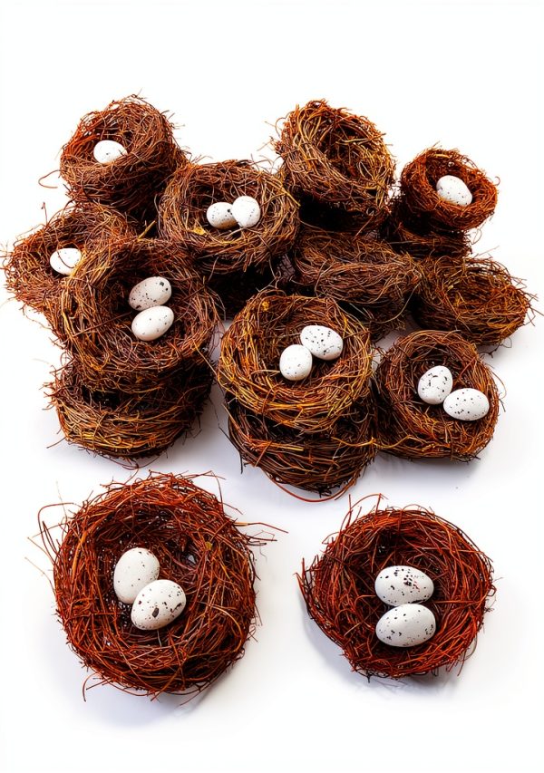 GXXMEI 24PCS/Set Small Faux Bird Nest with Eggs for Crafts, Artificial Rattan Birds Nest for Easter Wedding Home Party Christmas Tree Decoration (8pcs Mixed Small Size Nest, 16pcs Eggs)-0